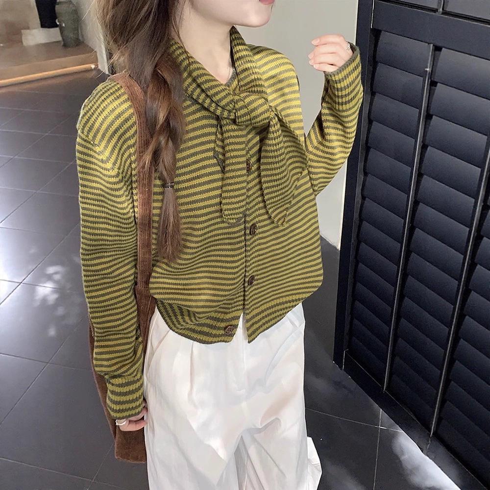 Design Sense Damen Gestreifte zum Binden Gestrickte Strickjacke - 2025 Herbst/Winter Kollektion.