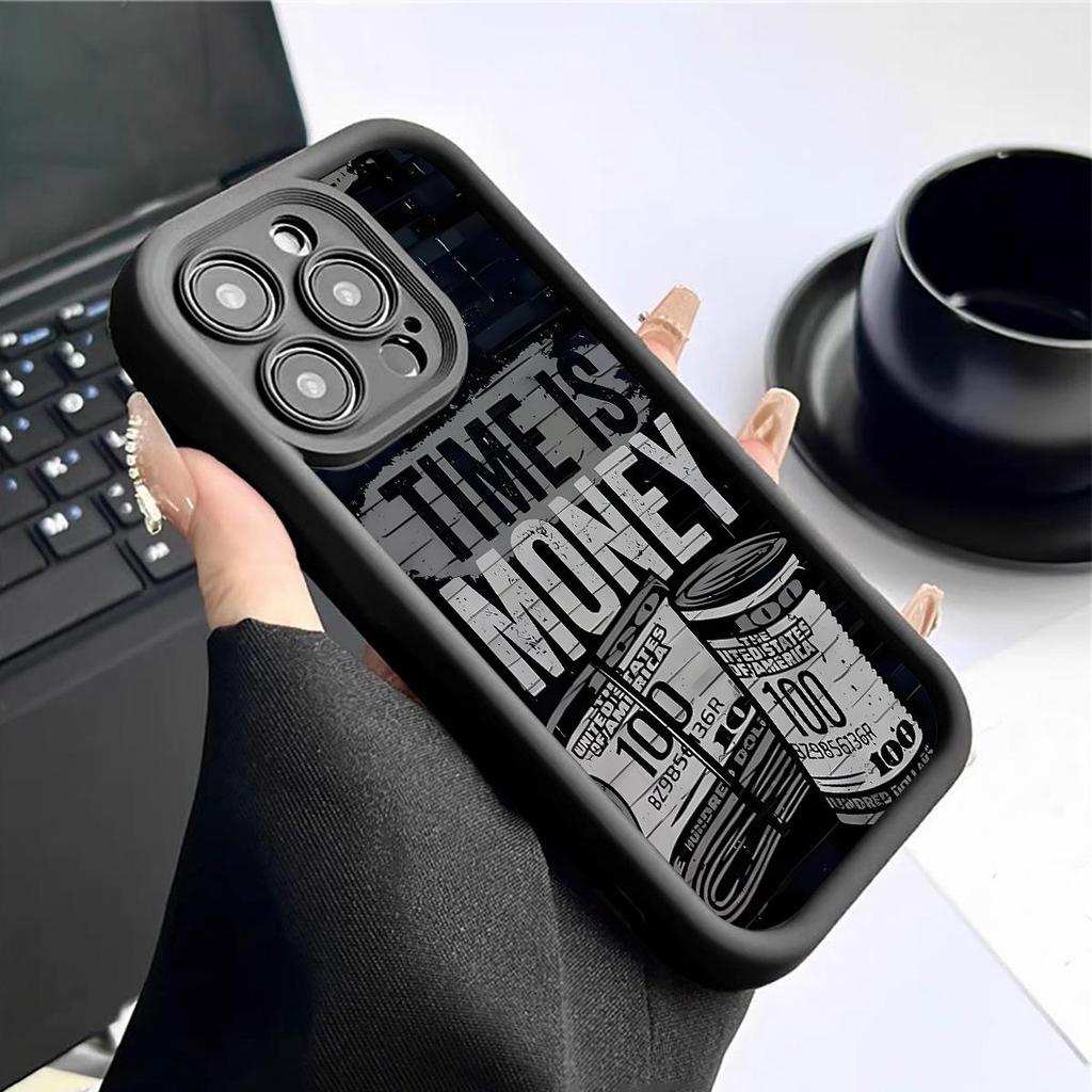 Zeit ist Geld: Schwarze Rillen-iPhone 15/16/17 Hülle mit Diamantsand und Augenmuster