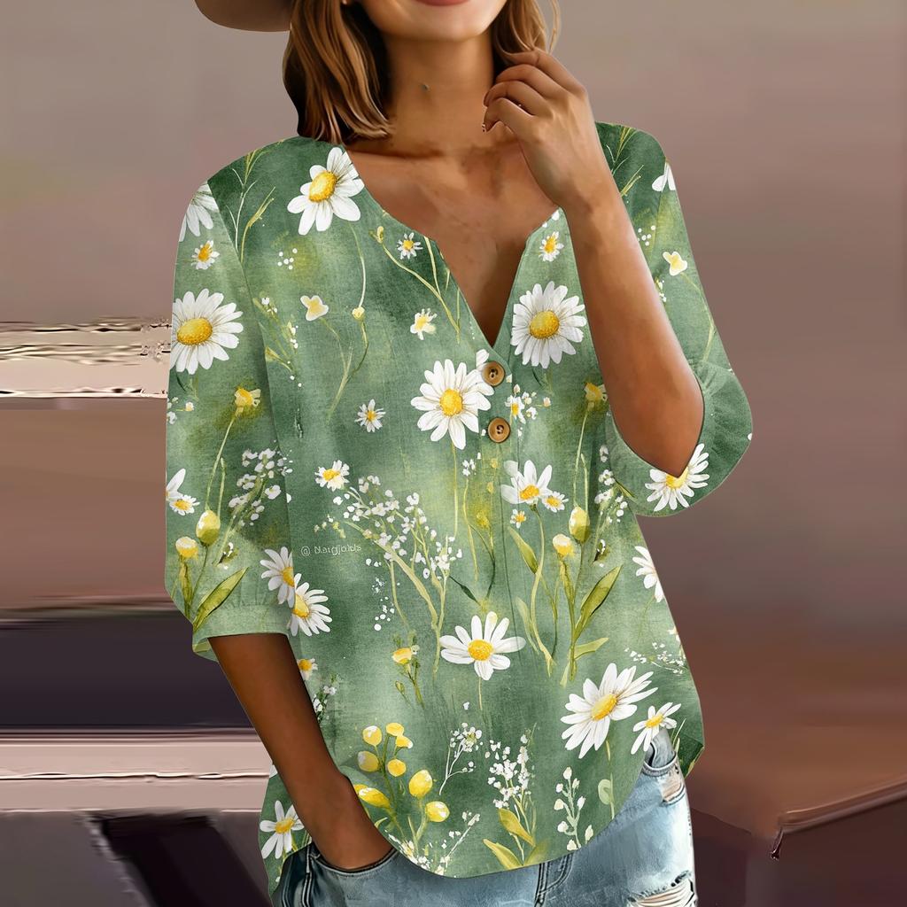 Women's Fashion Printed Henley Button Neck Shirt Three Quarter Sleeve Cotton Linen Blend Casual Top