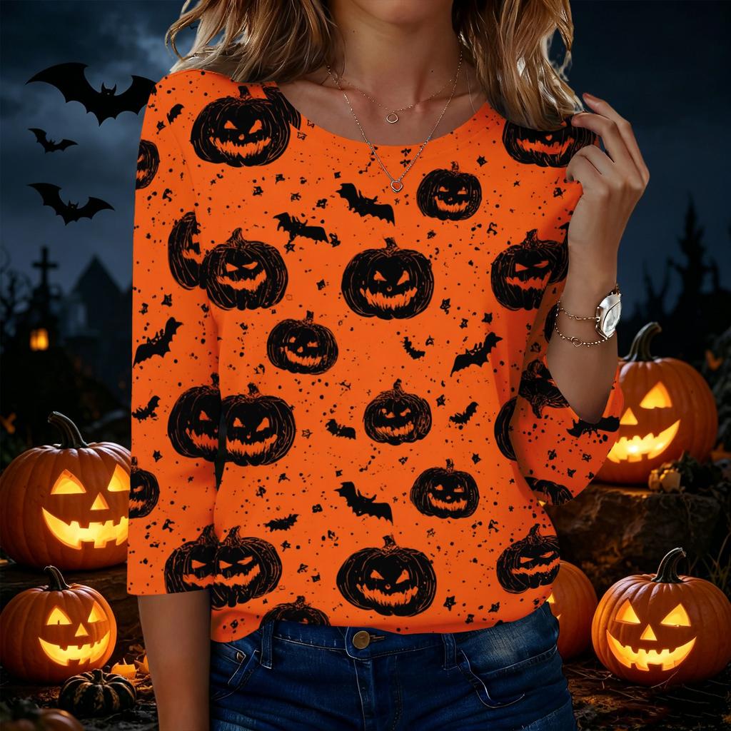 Women's Casual Halloween Print Round Neck Three Quarter Sleeve T Shirt Top Lightweight Comfortable Fit for Seasonal Wear