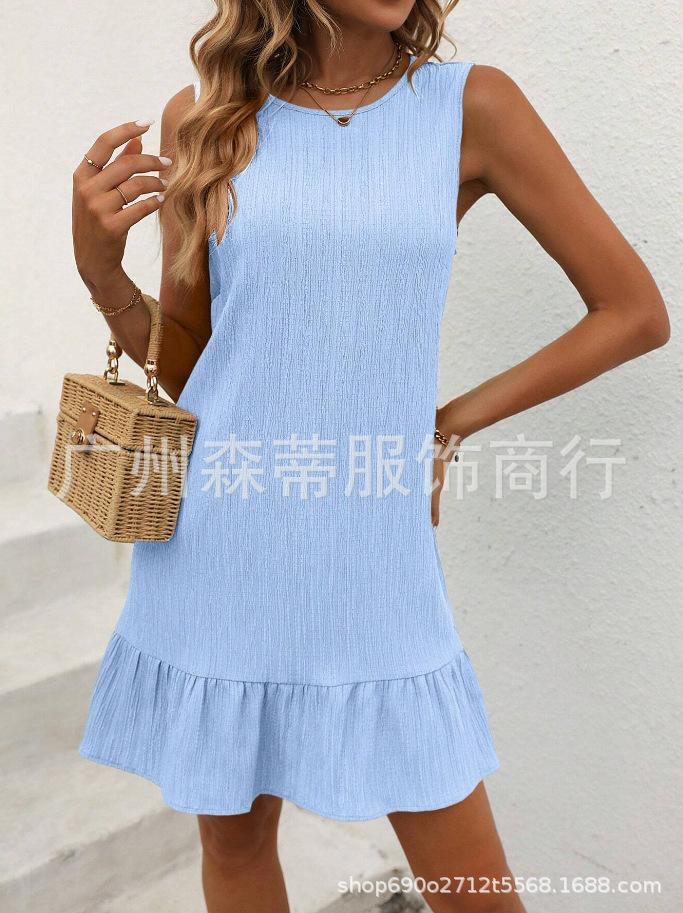 Summer new European and American sleeveless ruffle A-shaped dress casual fresh solid color vest skirt