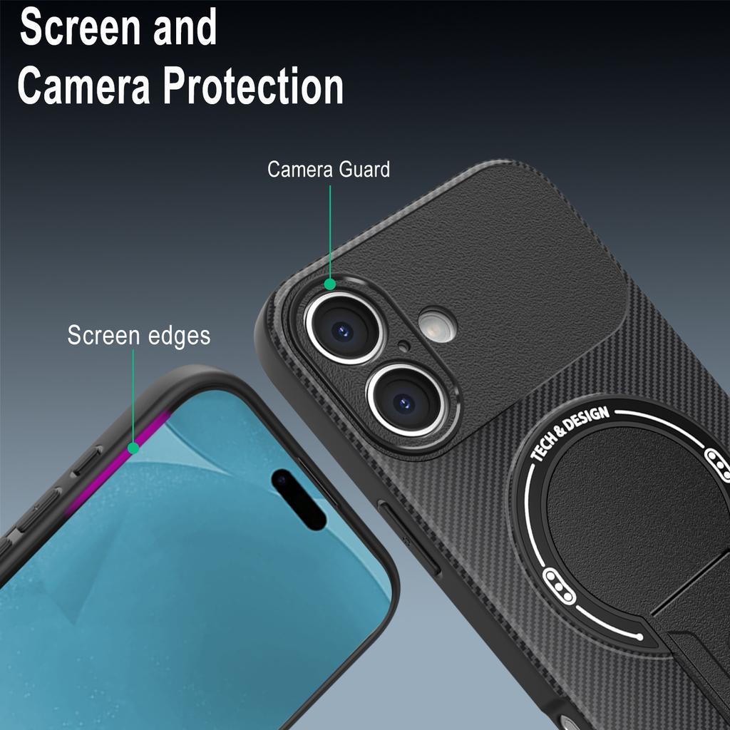 For iPhone 17 Case with Kickstand Carbon Fiber Texture PC+TPU Phone Cover