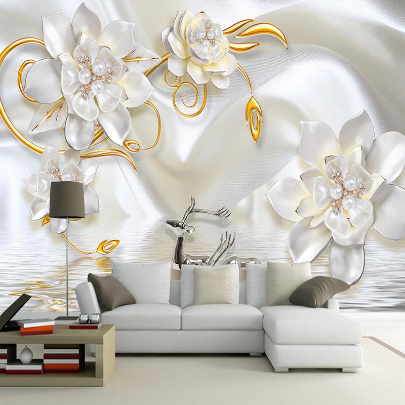 

Custom 3D Wall Murals Wallpaper Luxury 3D Relief Deer White Silk Pearl Jewelry Flower Large Wall Painting Living Room Bedroom 200 cm(W) x 140 cm(H)