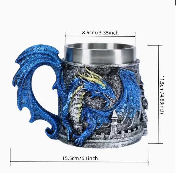 Top-Bewertete Drachenharz & Edelstahl Tasse DRA07 15.3oz Retro Schwarz-Grauer Sockel, 3D Roter Drachen Relief Körper & Drachenflügel Griff