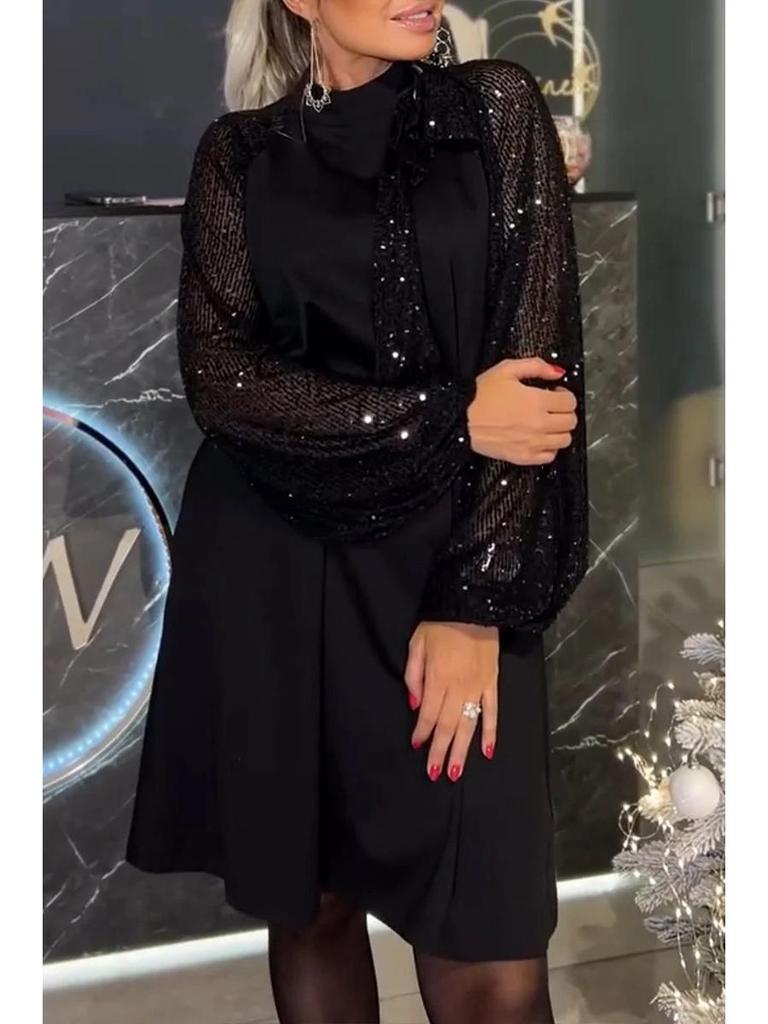 2024 Autumn/Winter Long-Sleeve Patchwork Sequin Tie-Up Mini Dress