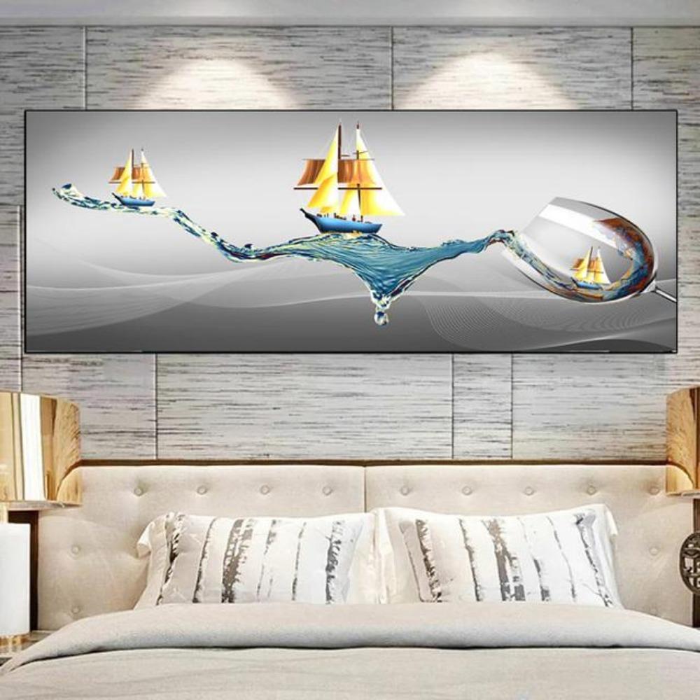 Modern Abstract Golden Wine Glass Boat Canvas Painting Posters and Prints Wall Picture for Living Room Home Decor No Frame