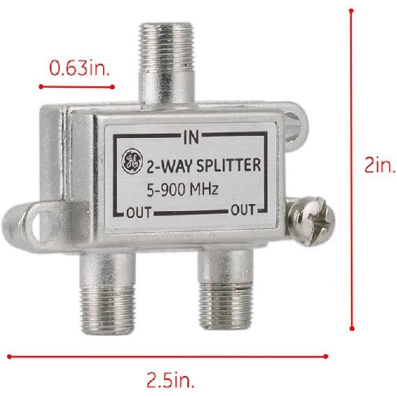 GE 2-Way Coaxial Cable Splitter, 5-900 MHZ Range, RG59 RG6 Coax Compatible, Audio, Video, Works with HD TV, Cable, Amplifiers, Amplified Antennas,