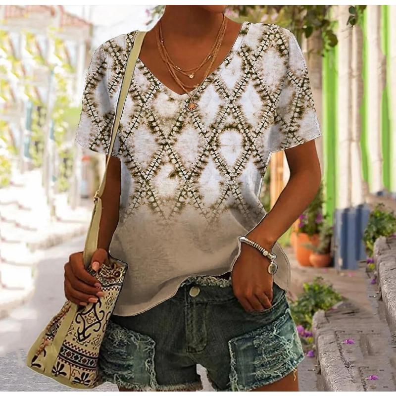 Retro Patchwork Damen T-Shirt Kariertes bedrucktes Top Damenbekleidung V-Ausschnitt Harajuku T-Shirt