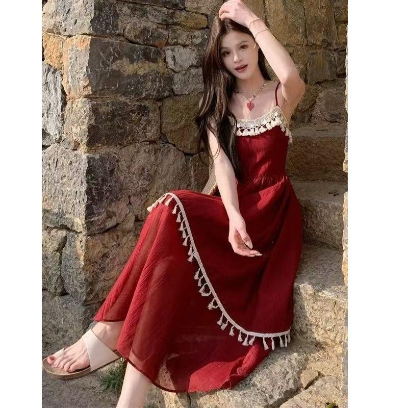 Holiday Wind Fringe Splicing Suspender Dress Women's Summer 2026 New Waist Irregular Gentle First Love Long Dress