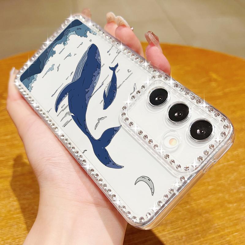 Whale Pattern Soft Silicone Phone Case For Samsung S25 Edge S24 FE S23 Ultra S22 A16 A56 A36 A15 A55 A35 Diamond Frame Clear Shockproof Cover