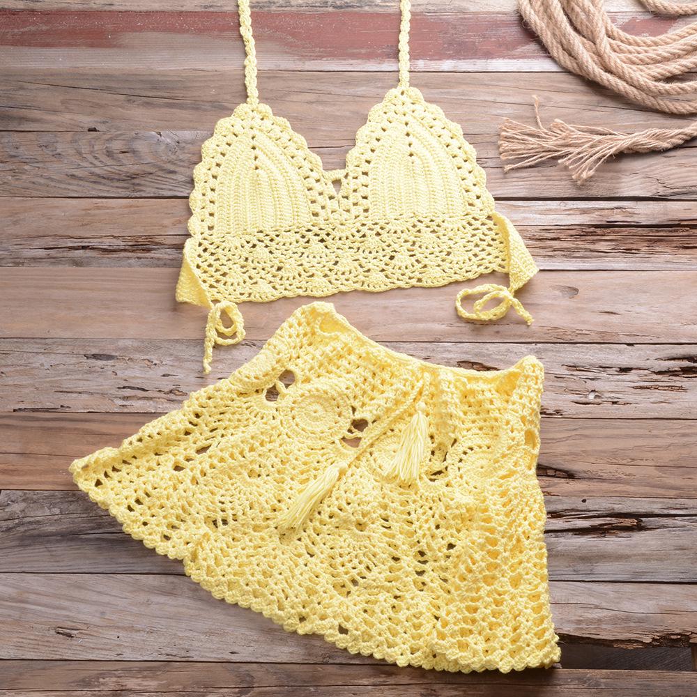 2025 Trendy European & American Hand-Crocheted Bikini Bandeau with Versatile Pleated Skirt Swimsuit