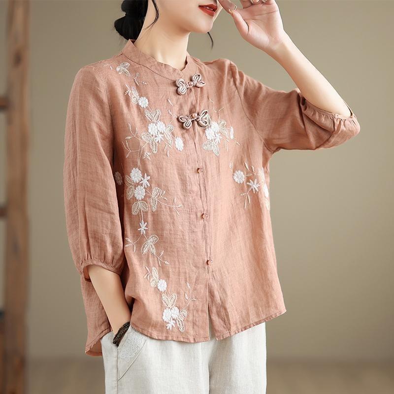 Women Retro Embroidered Mandarin Collar Frog Button 3 4 Sleeve Summer Shirt M розовый