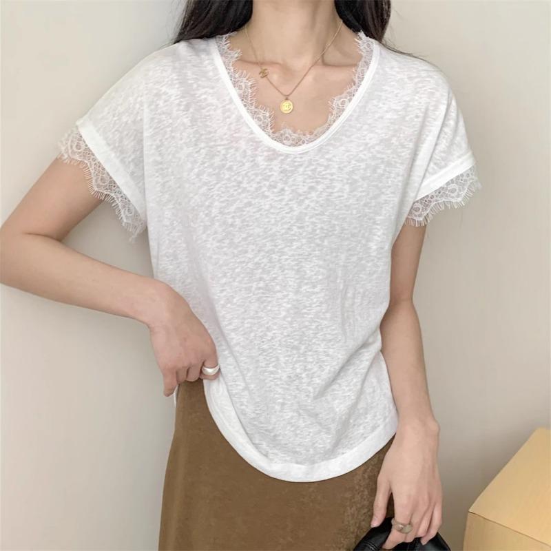 Summer Thin French Splicing Lace V-neck Small Flying Sleeve Short T-shirt Top
