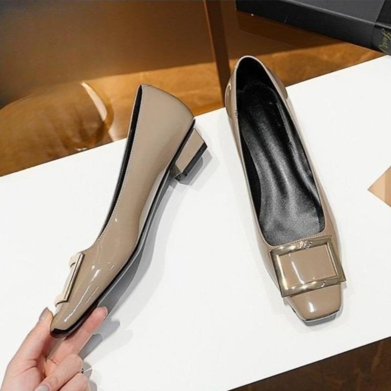 Fashion French Square Buckle Shallow Mouth Classic Flat Shoes Square Toe Patent Leather Temperament Women's Single Shoes New Style