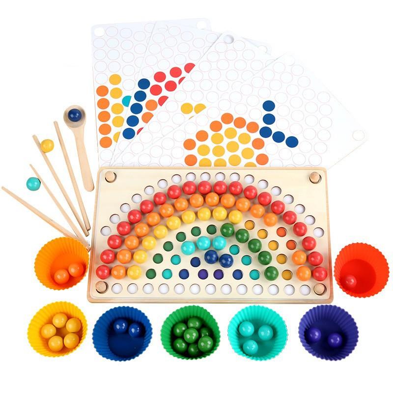 Children's Rainbow Building Block Bead Puzzle Game Early Education Hand-eye Coordination Training Wooden Clip Ball Puzzle Parent-child Toy