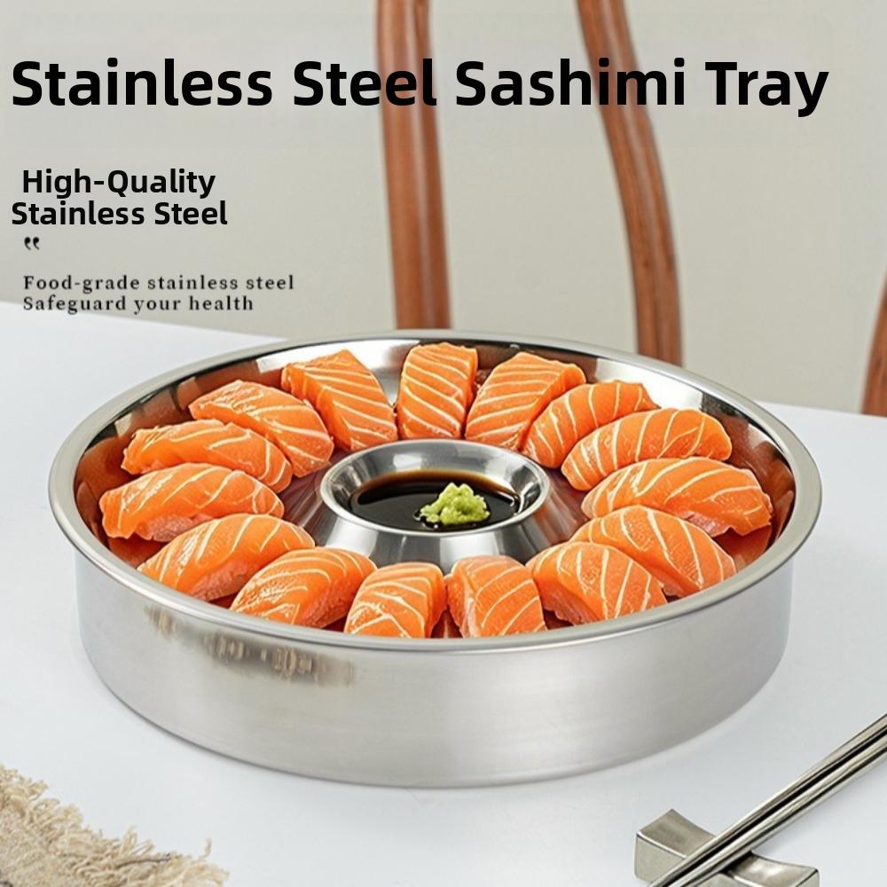Sashimi-Eisplatte aus Edelstahl mit Dip-Schale Runde Lebensmittel-Display-Tablett Abnehmbare Kühlplatte Knödelplatte