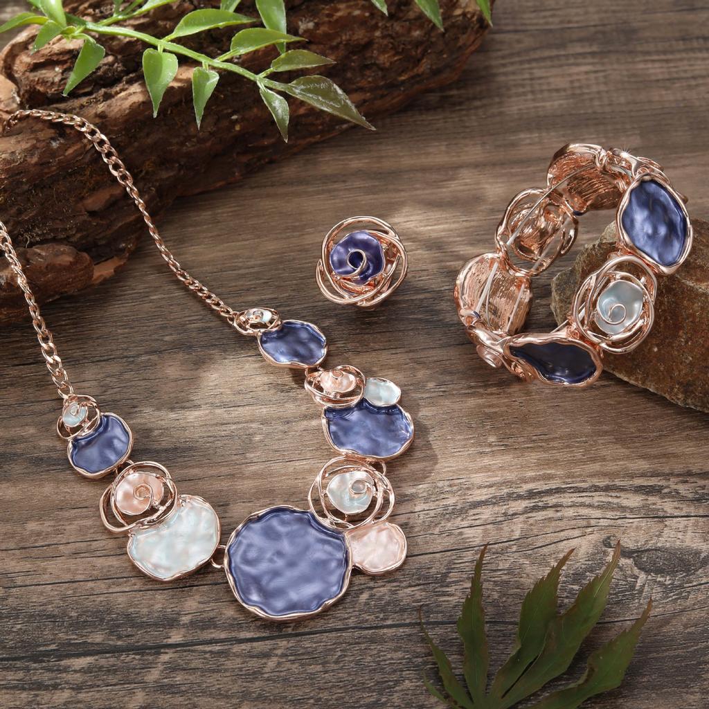 Color painting oil rose ring bracelet necklace set women's banquet high-end jewelry set