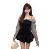 Korean retro fake two-piece off-the-shoulder plaid splicing, long-sleeved top, autumn design, Spice Girl slim suspender T-shirt