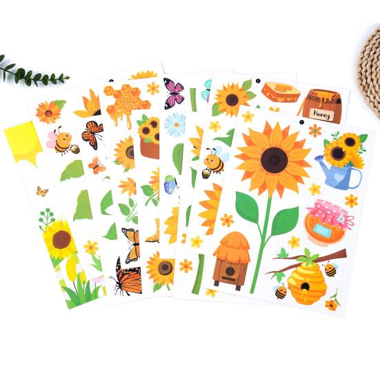 8 Vellen Zonnebloem Bij Vlinder Raamstickers Statisch PVC Raamdecoratie Herbruikbaar Verwijderbaar Lente Bloemen Decals voor Glazen Deur Raam Decor