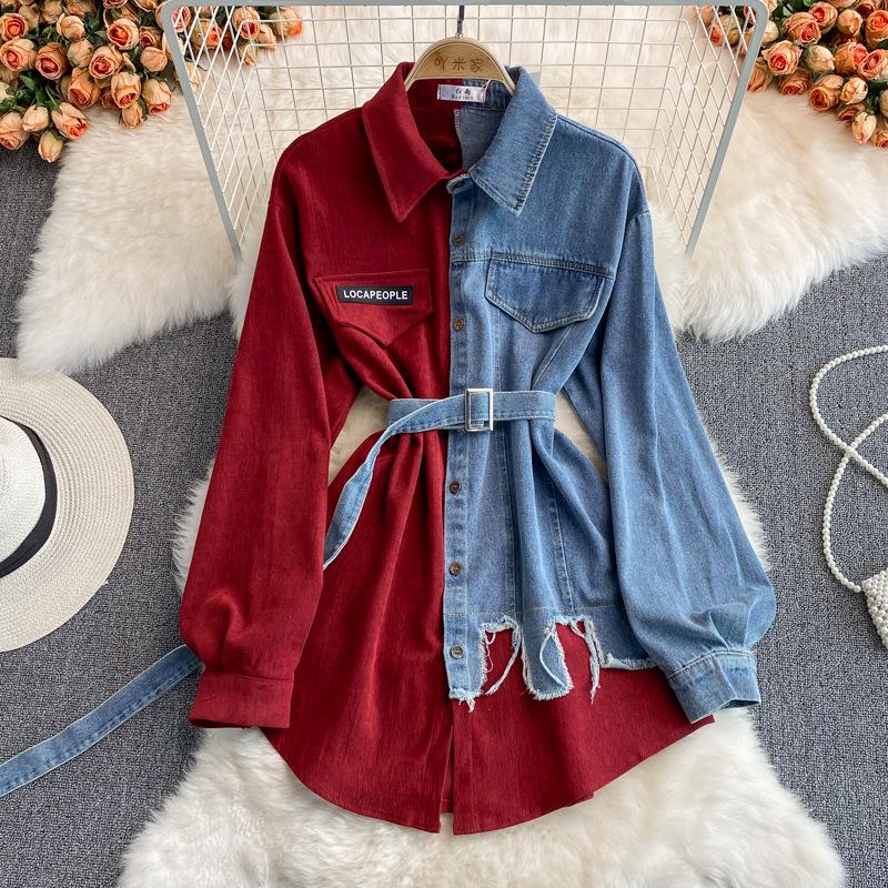 Women's Spring Vintage Denim Dress Autumn Irregular Patchwork Dresses Korean Clothing