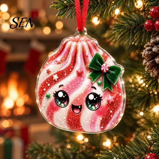 Colorful Cartoon Pattern Decor 2D Acrylic Christmas Ornament, Cute Luck Bag Bun Hanging Decor, Seasonal Decorative Crafts Tree Pendant for Holiday