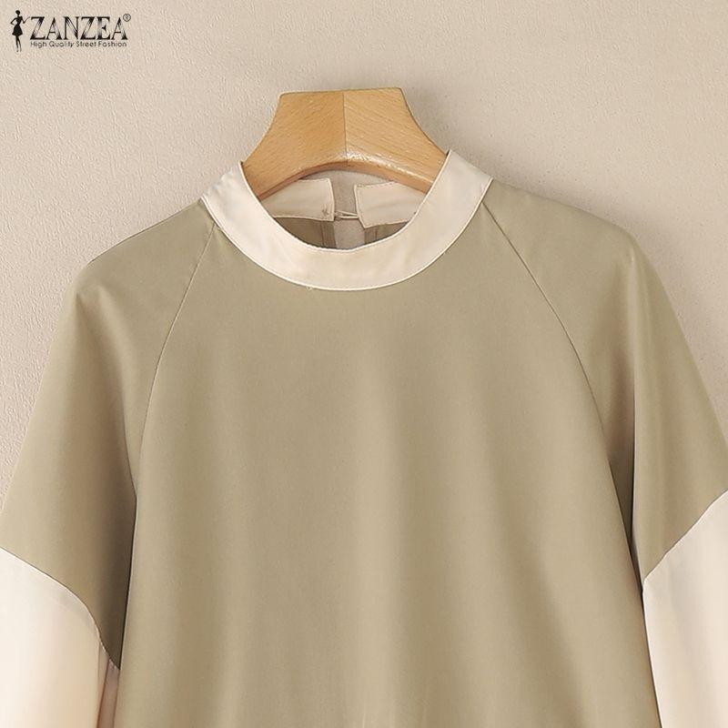 ZANZEA Women Casual Stand Collar Loose Long Sleeve Patchwork Long Dress
