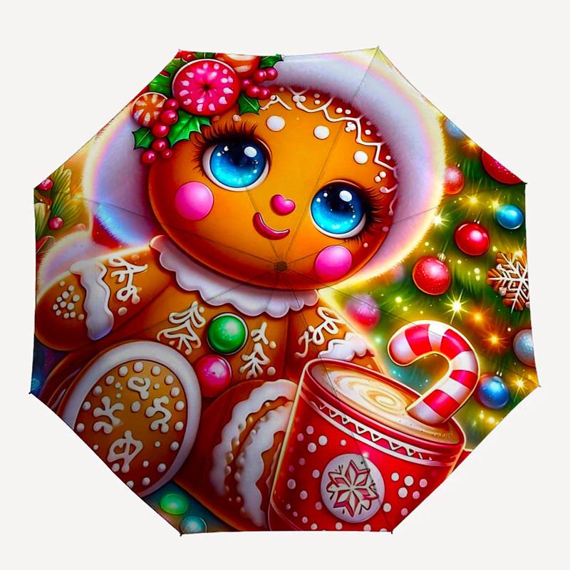 1pc Gingerbread Man Christmas Ornament with Candy Cane Mug, Automatic Opening Folding Umbrella, Portable 3-Fold Design, 8-Bone Iron Frame Outdoor Umbr