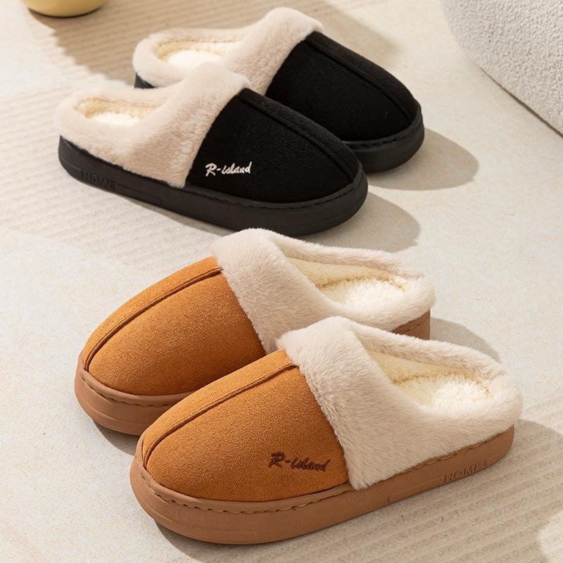 Cotton slippers winter 2025 new plush indoor home thick bottom non-slip velvet warm simple cotton shoes