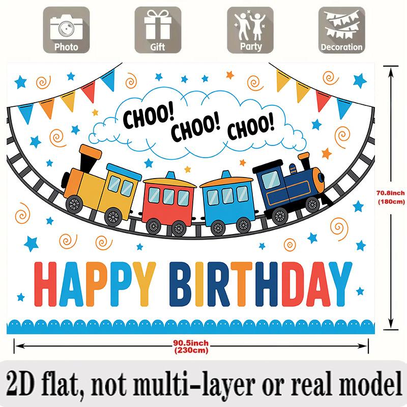 Cartoon Train Birthday Banner, Colorful Engine Backdrop Wall Decor for Kids Party