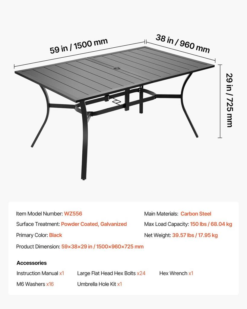Outdoor Patio Dining Table, 150cm Long Rectangular Metal Steel Slat Backyard Bistro Tables for 4-6, with 38mm Umbrella Hole, All-Weather Large