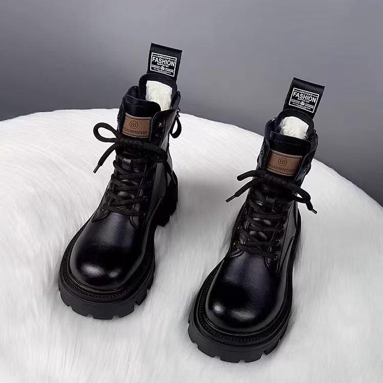 Versatile retro soft leather Martin boots for women 2025 winter new British style soft leather thick-soled mid-heeled locomotive short boots for women
