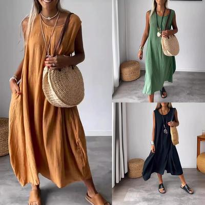Damen Sommer Midi Kleid Rundhals Ärmellos Baumwolle-Leinen Taschenkleid Lässig Einfarbig Alltagskleid