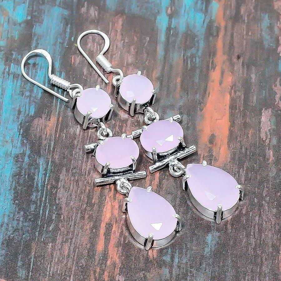 Pink Chalcedony Gemstone Handmade Jewelry 925 Sterling Silver Earring For Women