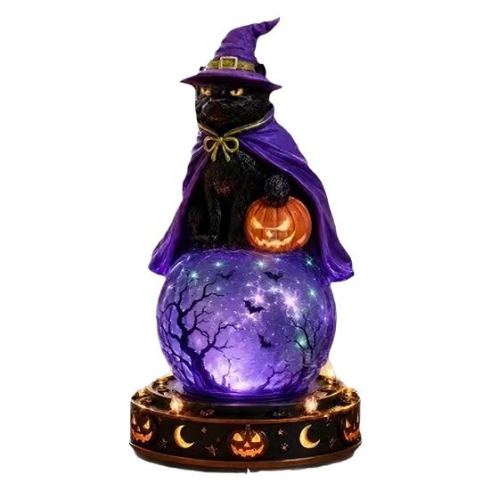 Unique Halloween Gift for Friends LED Lighted Faux Crystal Ball Decoration, Resin Witch/Skeleton/Cat/Ghost Figurine with Led Light