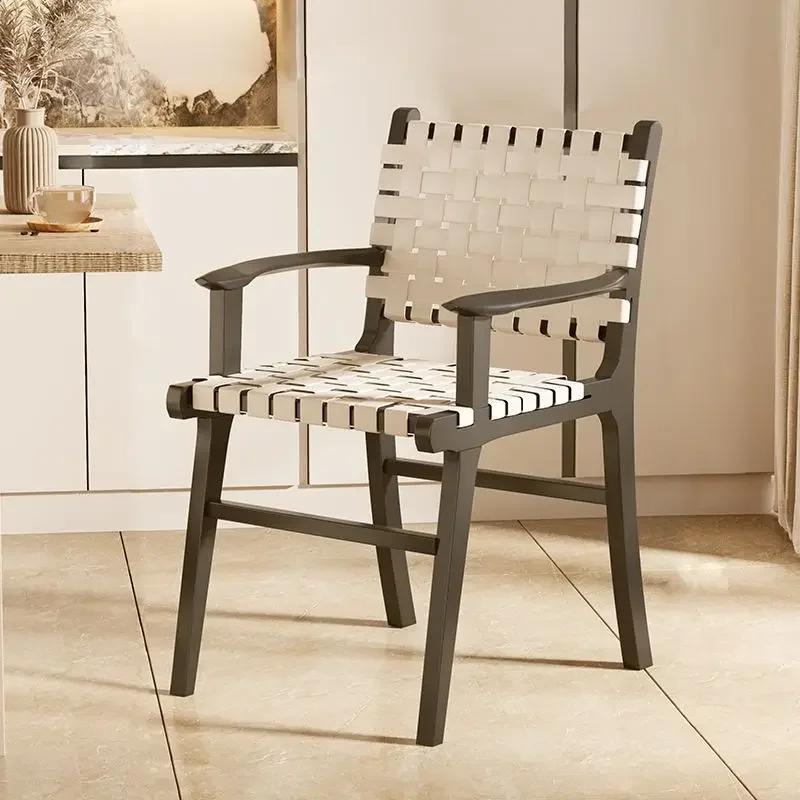 Nordic Wooden Rattan Lightweight Luxury Balcony Chair Rope-Woven Lazy Recliner Stylish Saddle Backrest Seat