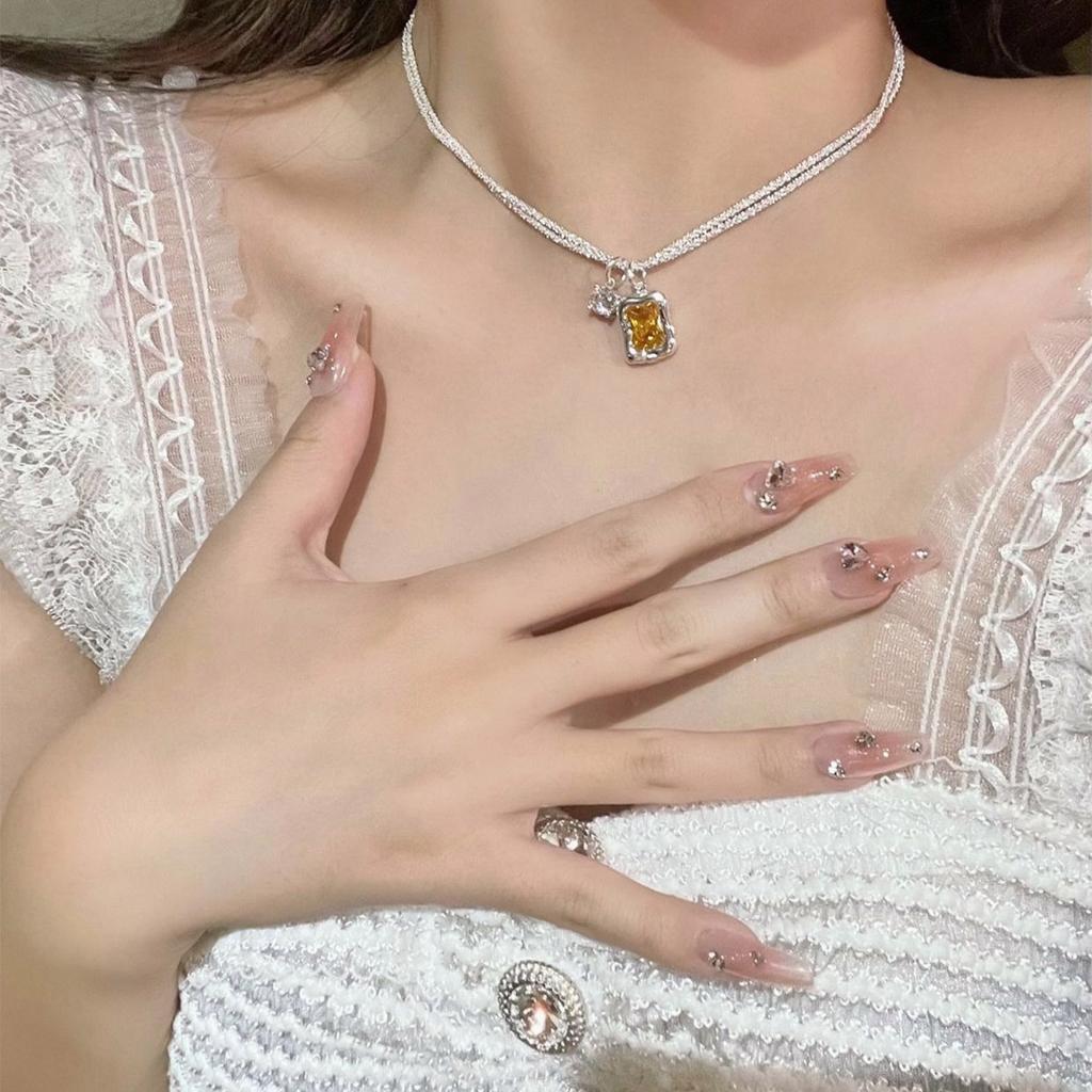 Silver Shiny Clavicle Chain Double-layer Necklace Square Pendant Replaceable for Six Colors Pendant Female Lover Gift