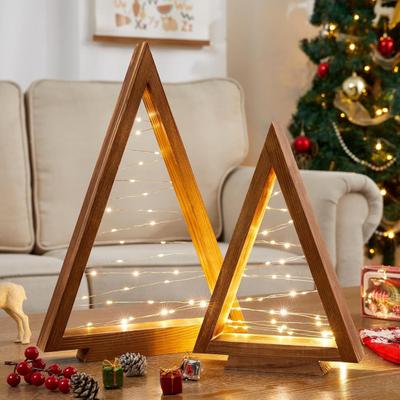 Yousheng 2 Stück Holz Weihnachtsbaumschmuck mit LED-Licht Bauernhaus Rustikal Leuchtender Weihnachtsbaum Tischschild Heim Büro Schreibtisch Dreieck Dekoration