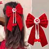 Headwear Red Bow Hair Clips Exquisite Tassels Pearl Barrettes Ribbon Hairpin  Spring Festival
