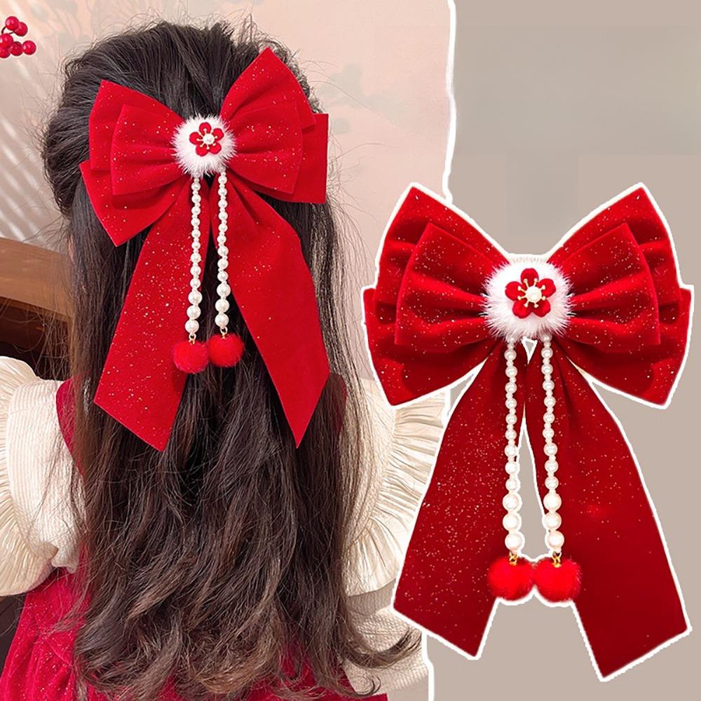 Headwear Red Bow Hair Clips Jewelry Tassels Pearl Barrettes Ribbon Hairpin  Hair Styling Accessory