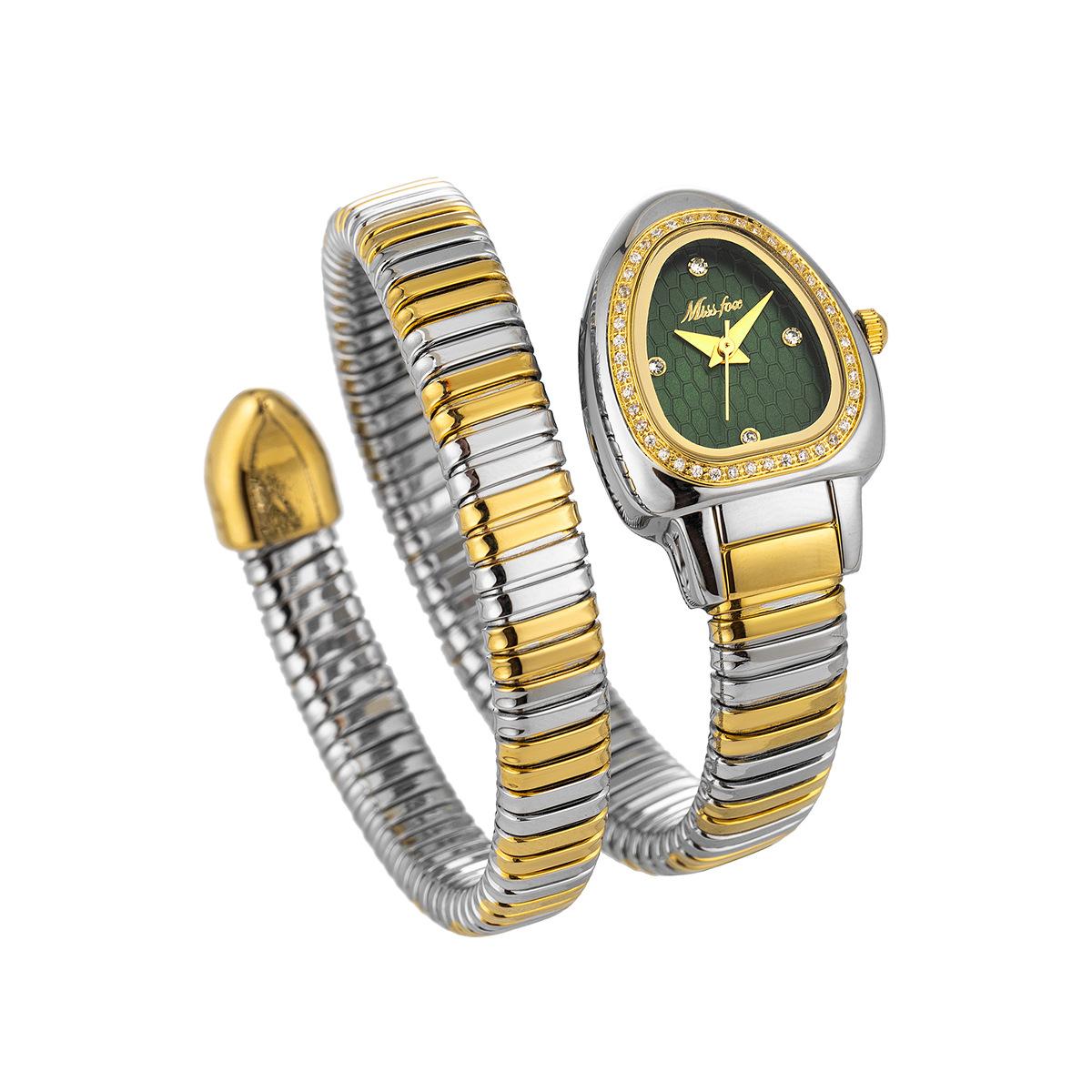 

Женские элегантные часы с циферблатом в виде головы змеи, украшенные бриллиантами, модные золотые часы с браслетом-змеей, женские кварцевые часы, изысканный праздничный подарок золотистый/зелёный