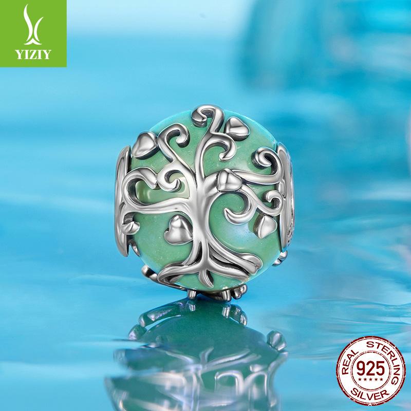 Tree Of Life Dongling Stone Beads, Retro Elegant S925 Sterling Silver Lucky Bracelet Beads Loose Beads