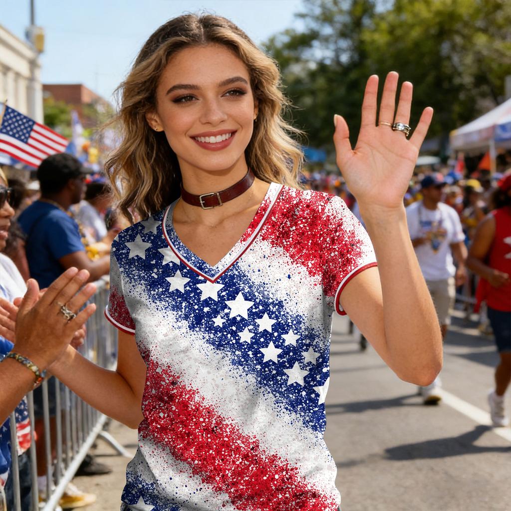 Women V Neck Short Sleeve Pullover T Shirt with Printed Star Pattern Casual Loose Fit Top for Everyday Wear