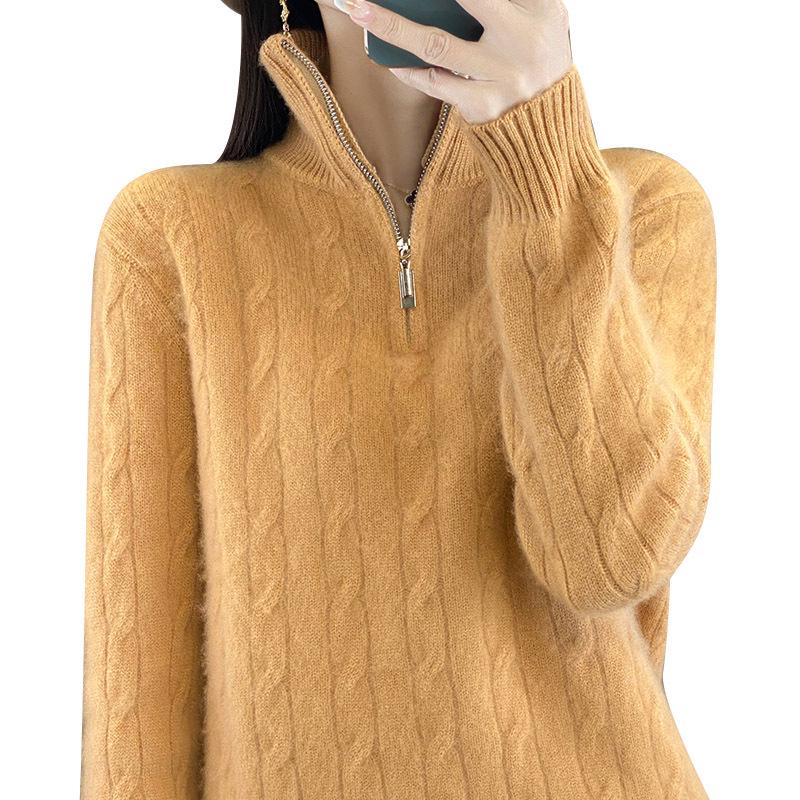 High-Neck Pure Wool Women's Slimming Cable Knit Cashmere Half-Zip Pullover Sweater