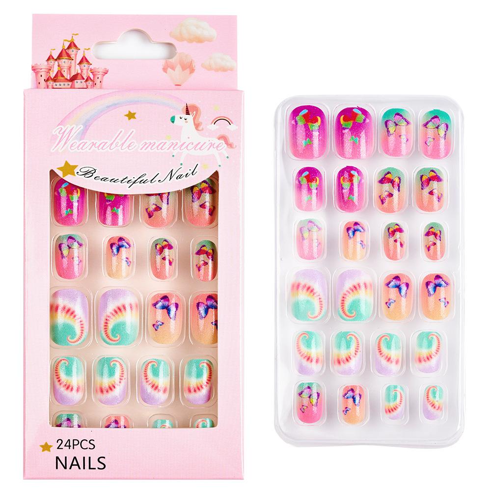 24pcs/box Candy Kids False Nail Cartoon Full Cover Press On Fake Nails Tips Kawaii Acrylic Artificial Fingernails for Girls