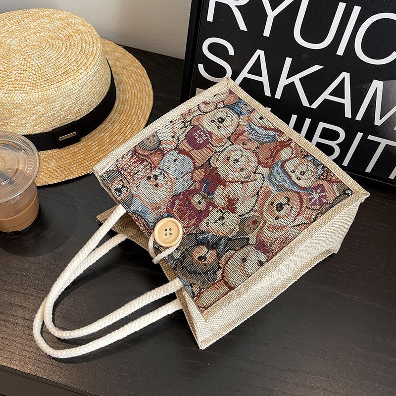 Linen Tote Bag, Linen Bag, Student Hand Carry Out Lunch Box Bag, Cute Cartoon Canvas Small Satchel.