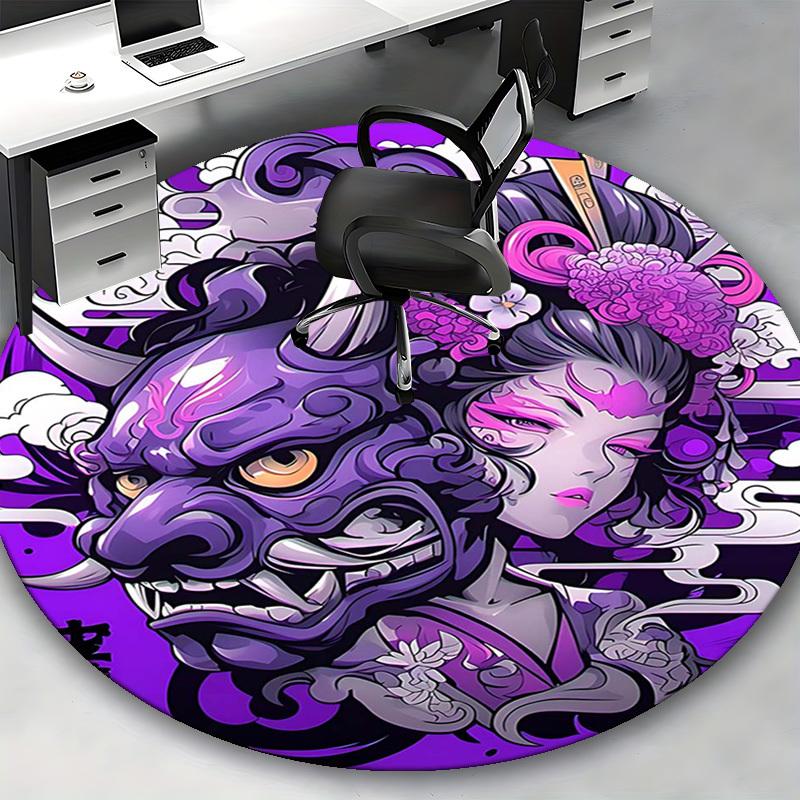 1pc Japanese Demon Mask & Geisha Purple Round Carpet, Office Chair Mat, NonSlip Rug for Home Decor, Seasonal Gift, Suitable for Office