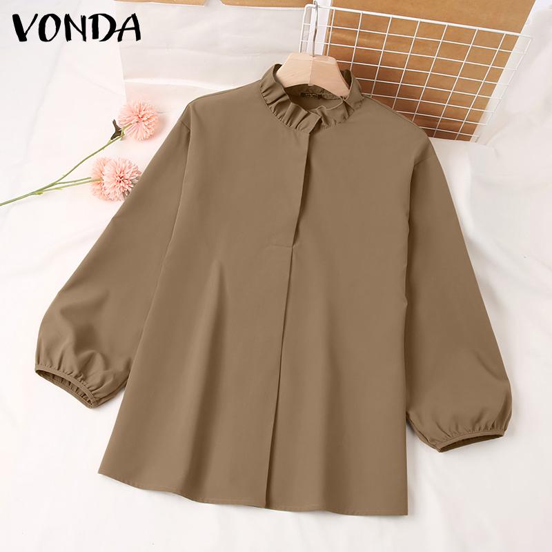 

VONDA Пружина Женщины Пышные рукава Сращивание Воротник Топы Равнина