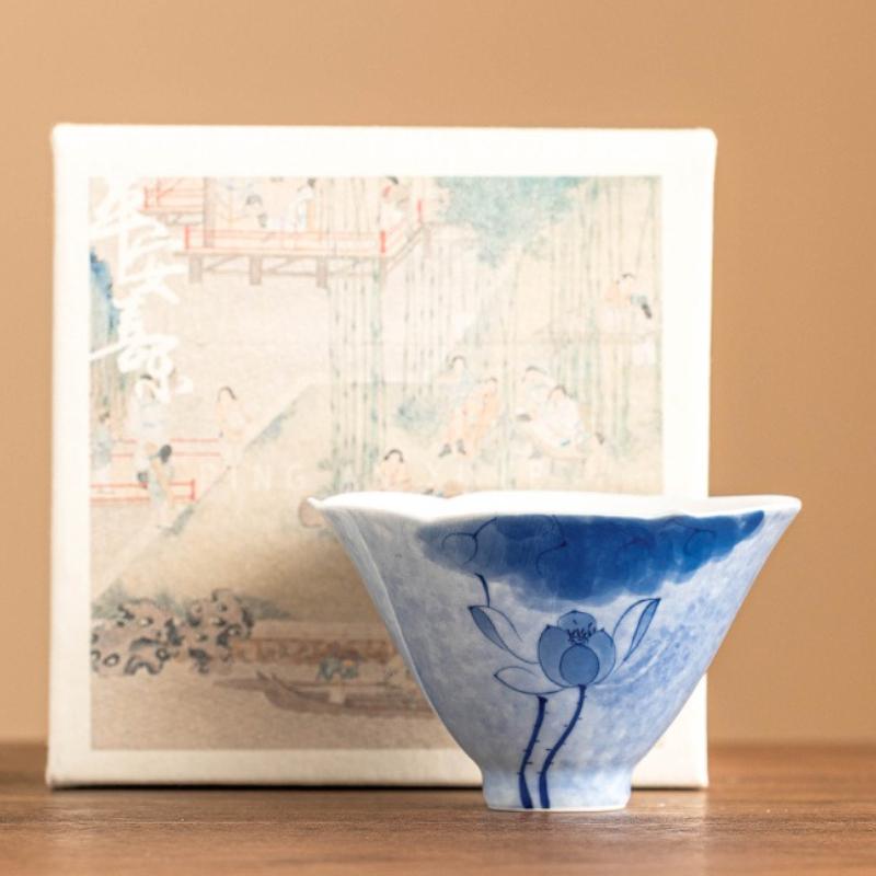 White Porcelain Teacup Hand-painted Blue LotusTea Bowl Ceramic Chinese Kung Fu Gongfu Tea Cup Teaware Drinkware Tea Ceremony