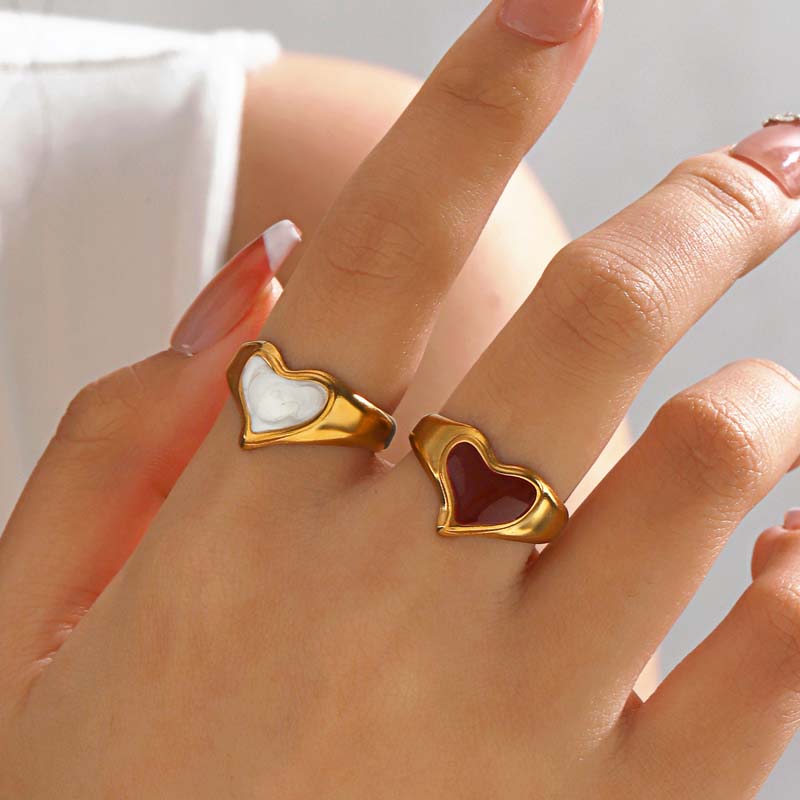 Stainless Steel Gold Color Heart Open Rings For Women Vintage Black Drip Oil Adjustable Couple Ring Jewelry Valentine's Day Gift