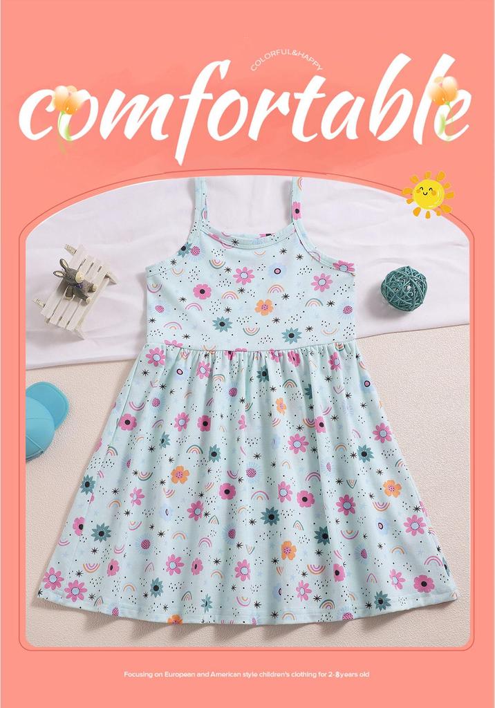 Summer European-American Girls' Cartoon Strappy Princess Dress - Round Neck